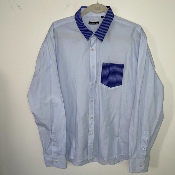 Oleg Cassini Skinny Shirt XL Mens Vintage Cotton Blue Pink Striped Pocket Collar - Picture 12 of 12